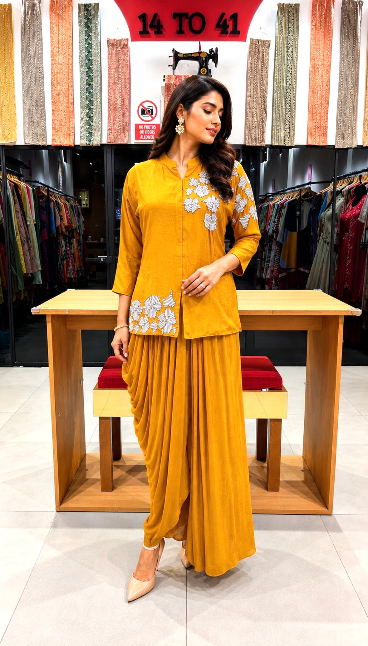 Golden Mustard Embroidered Top and Draped Skirt Set