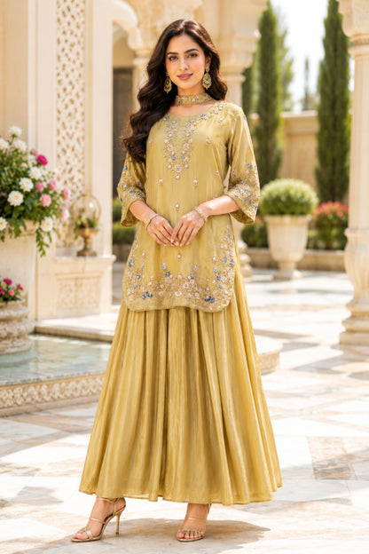 Muted Gold Embroidered Kurta & Flared Skirt Set