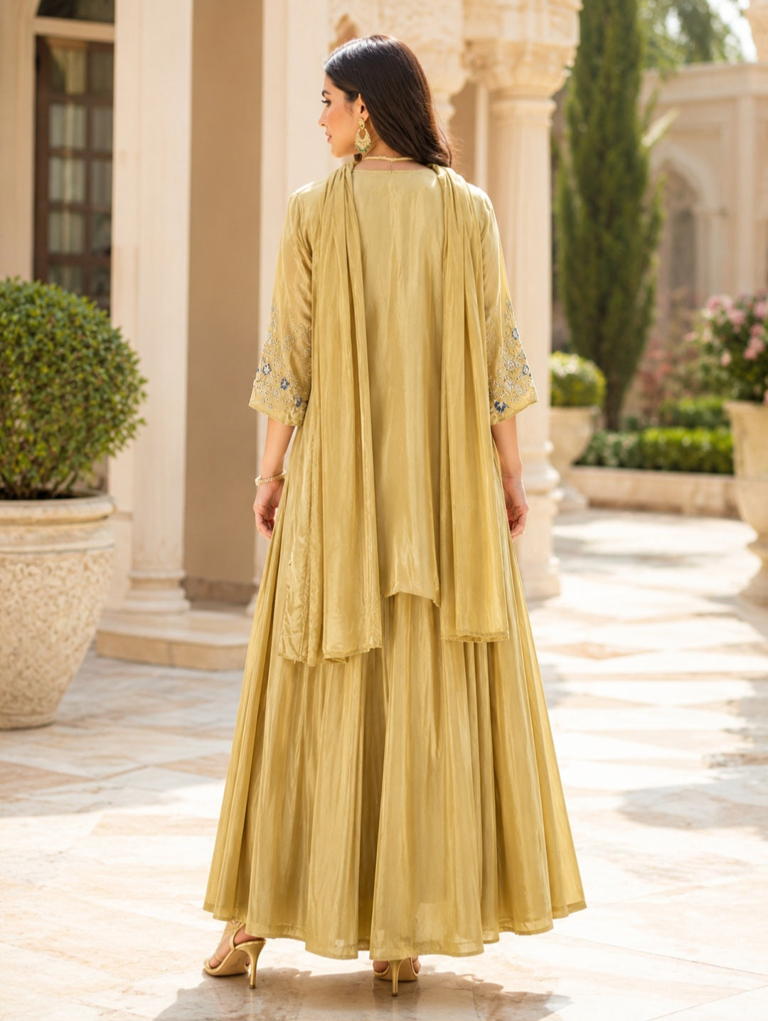 Muted Gold Embroidered Kurta & Flared Skirt Set