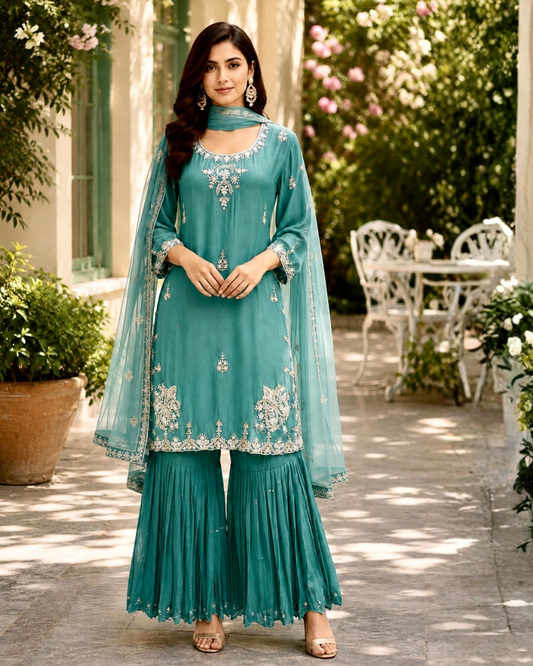 Aqua Grace Embroidered Pure Chinnon Sharara Set