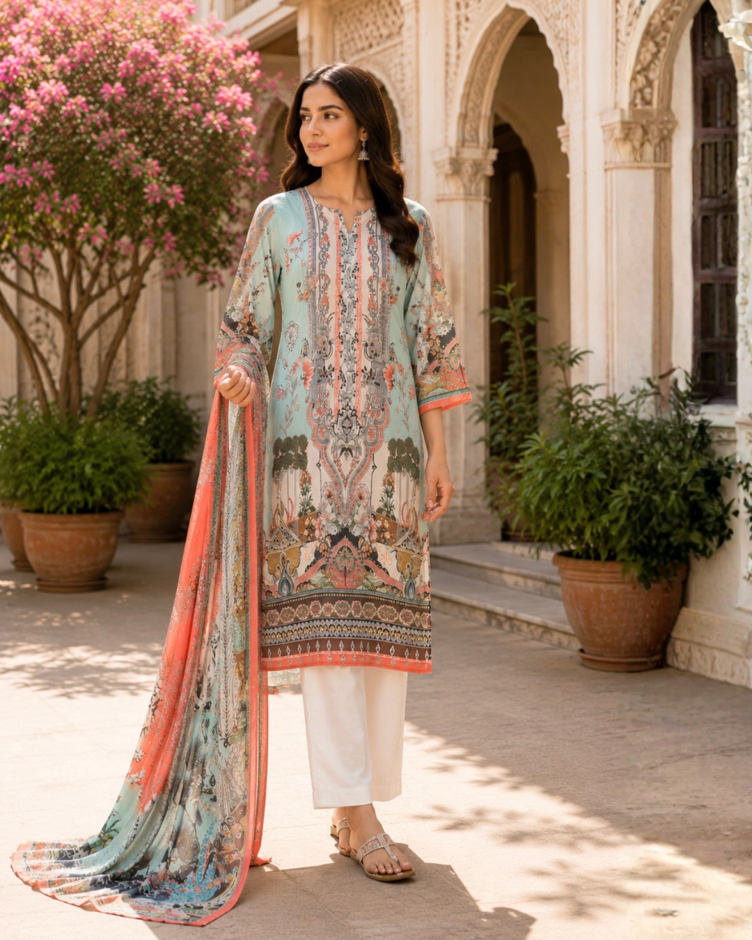 Coral Mist 3-Piece Dupatta Set