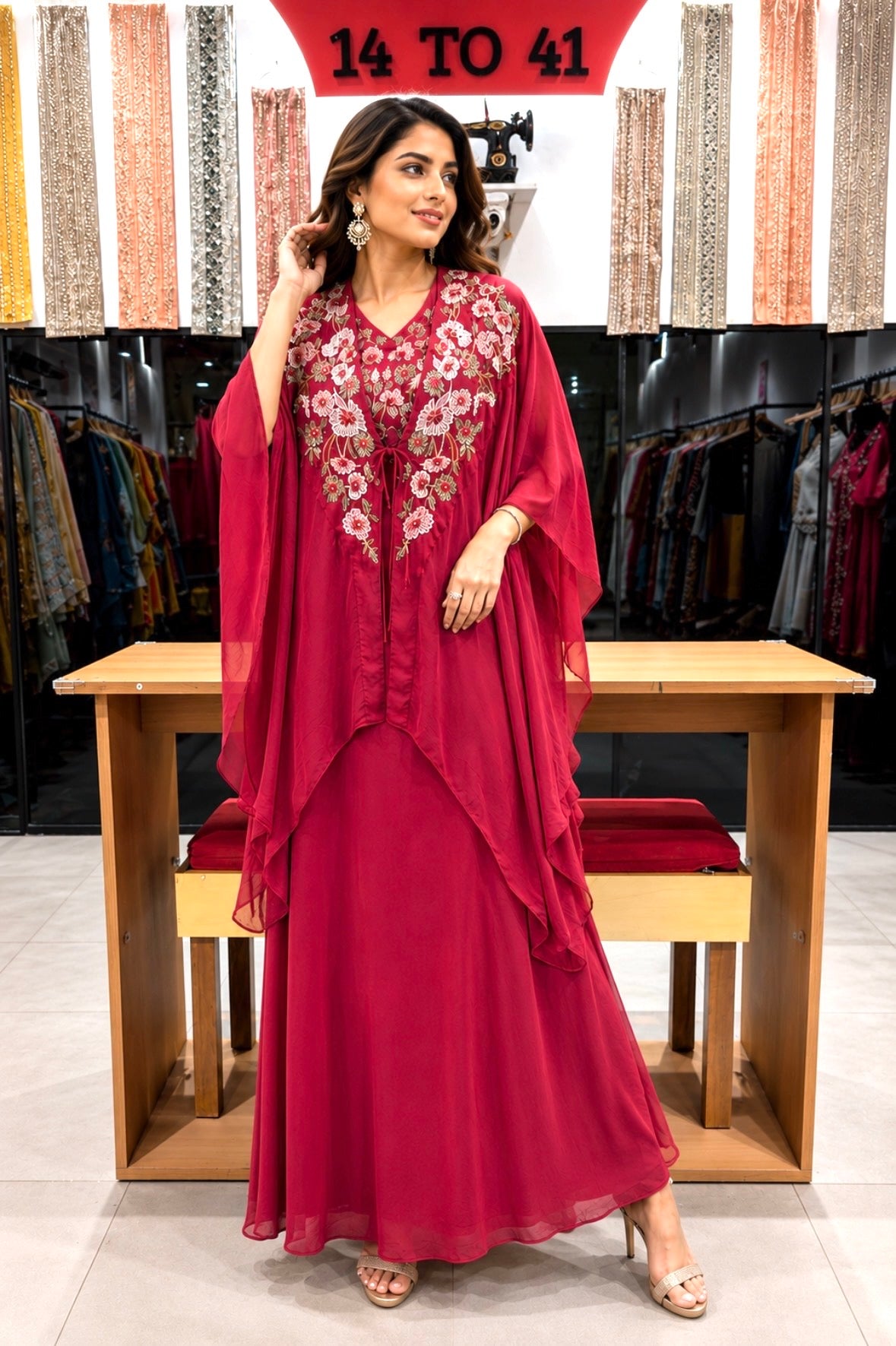 Gulnaar Embroidered Draped Kaftan Skirt Set