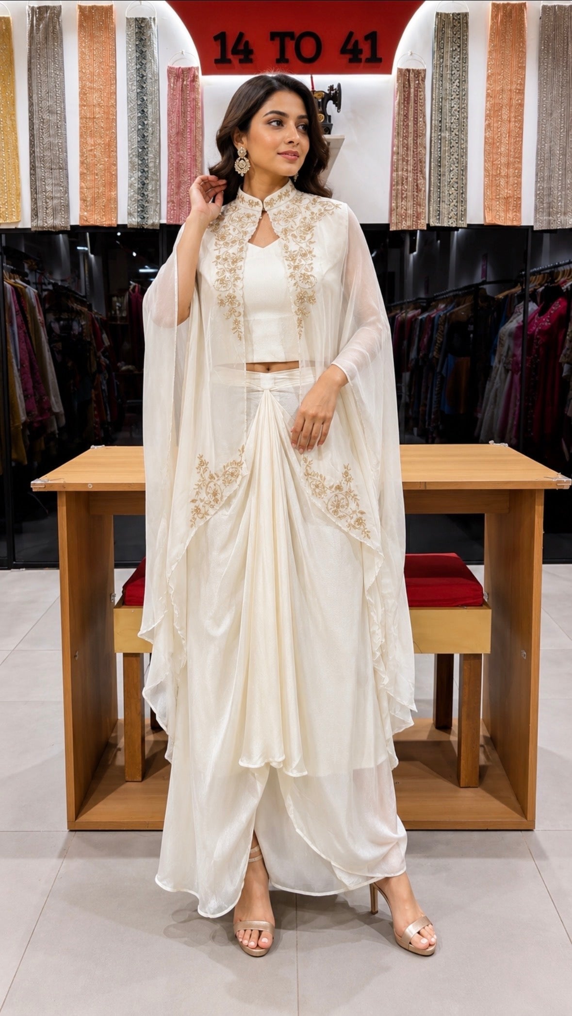 IVORY CORAL DRAPED KAFTAN SKIRT DRESS