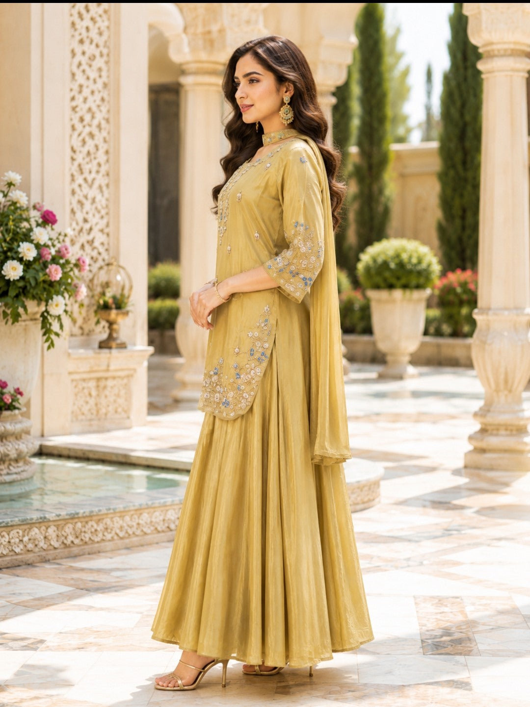 Muted Gold Embroidered Kurta & Flared Skirt Set
