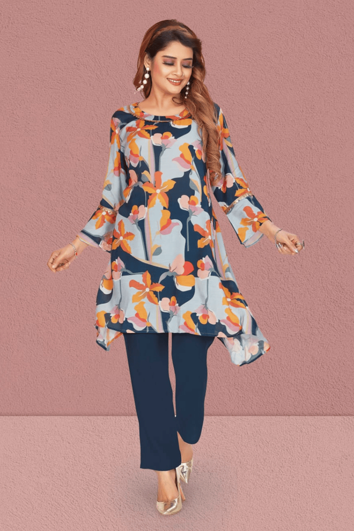 Women blue floral - Indo Western